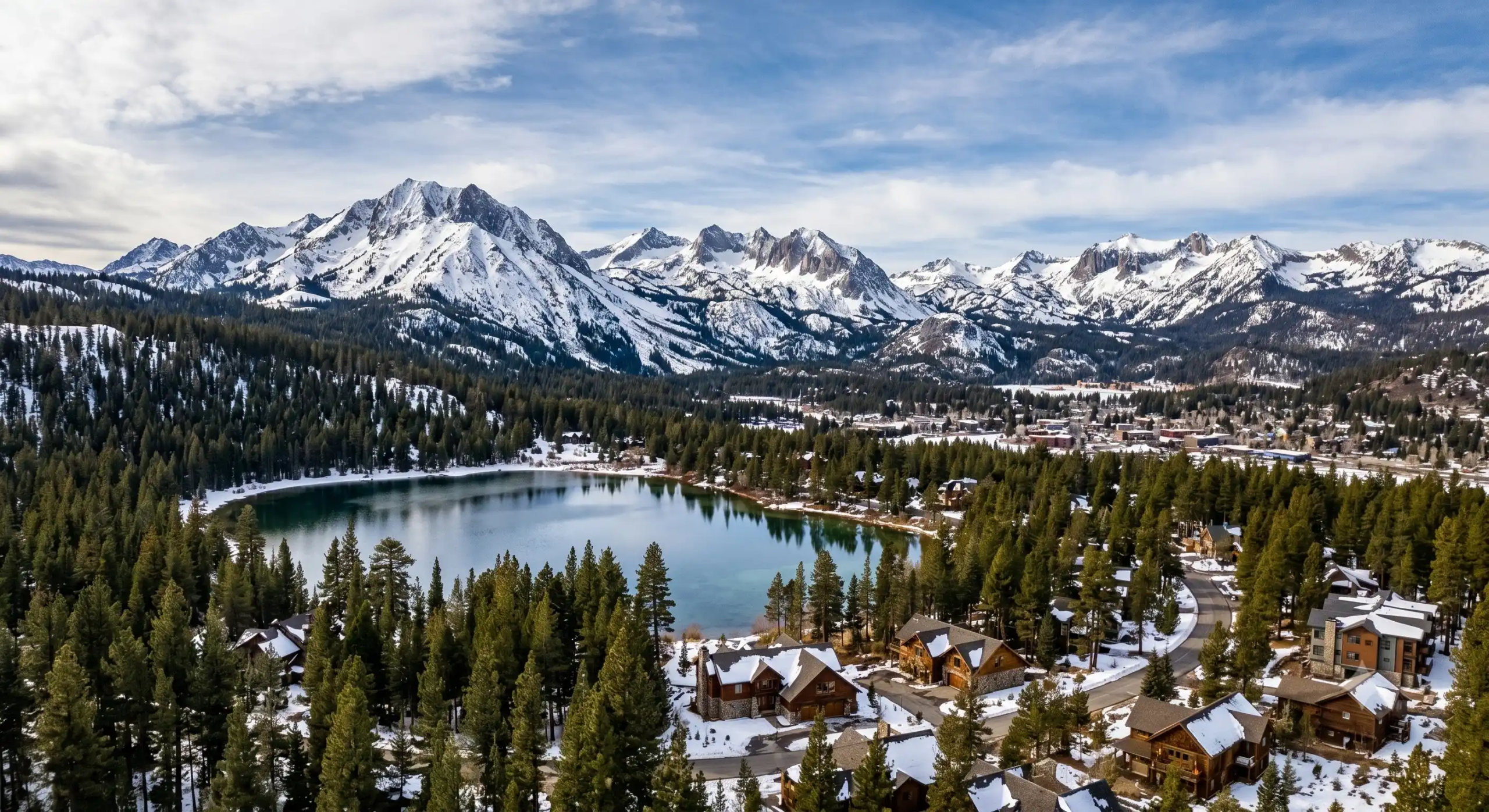 mammoth-lakes-vacation-rental-overview An aerial view of the town of Mammoth Lakes, California, with rental homes and condos nestled around a mountain lake in winter. Snow-covered peaks of the Sierra Nevada rise in the background under a blue sky.