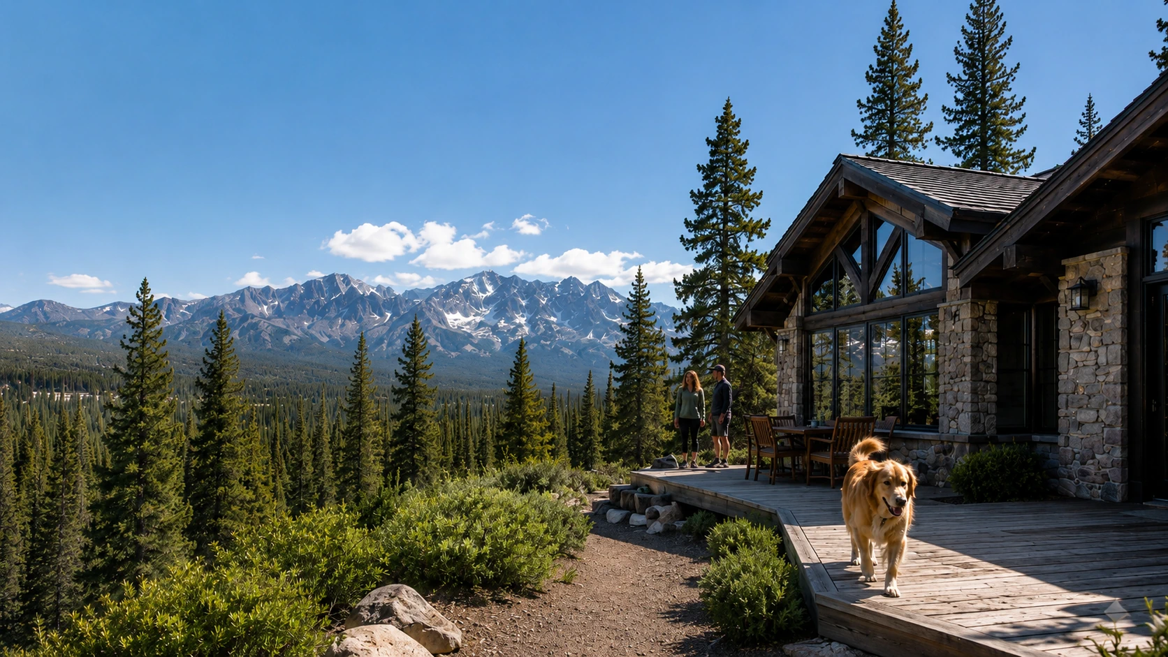 pet-friendly-mammoth-lakes-rentals Pet-friendly Mammoth Lakes vacation rental with dog on mountain cabin deck