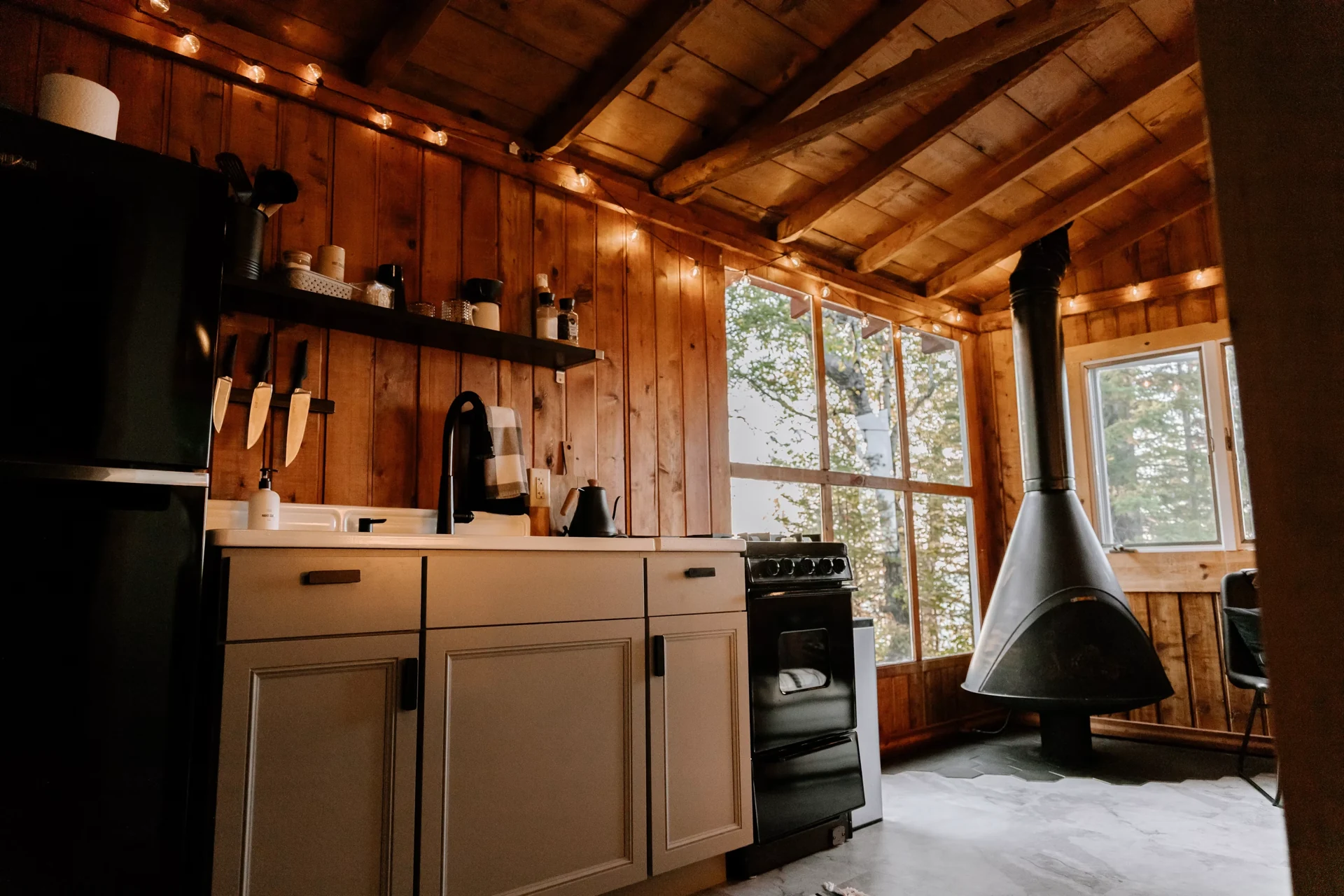 Timber kitchen with an island and large windows